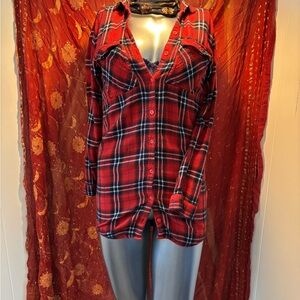 Divided Red and Black Plaid Button-Down Shirt